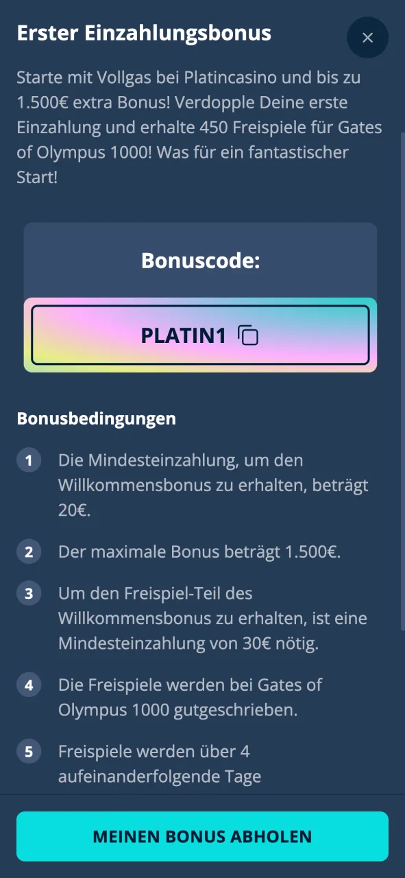 Platin Casino Bonusbedingungen prüfen und beachten.