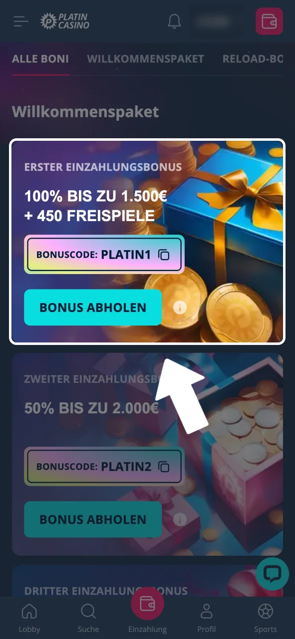 Bonus im Kassenbereich auswählen Gehe zum Einzahlungsbereich und wähle das Willkommensangebot oder den entsprechenden Bonus-Code aus, falls erforderlich.
