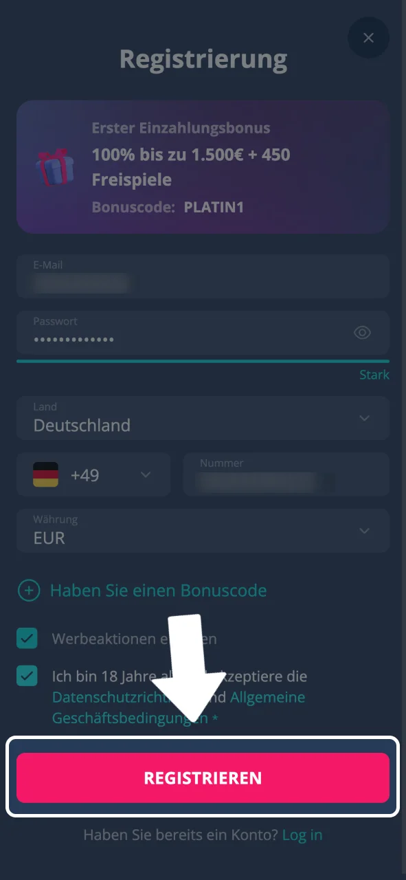 Platin Casino Konto registrieren und einloggen.