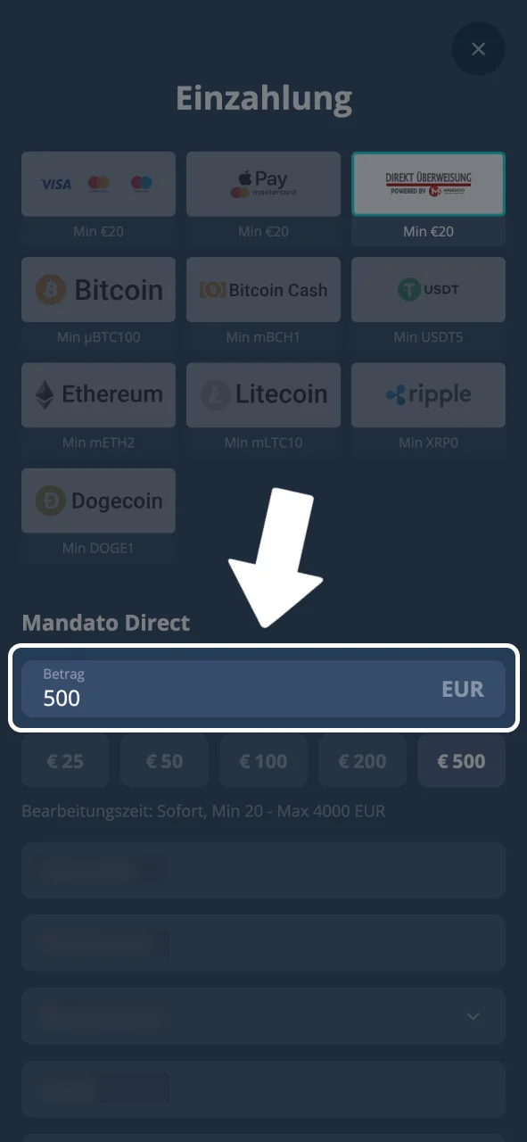 Mindesteinzahlung bei Platin Casino tätigen.