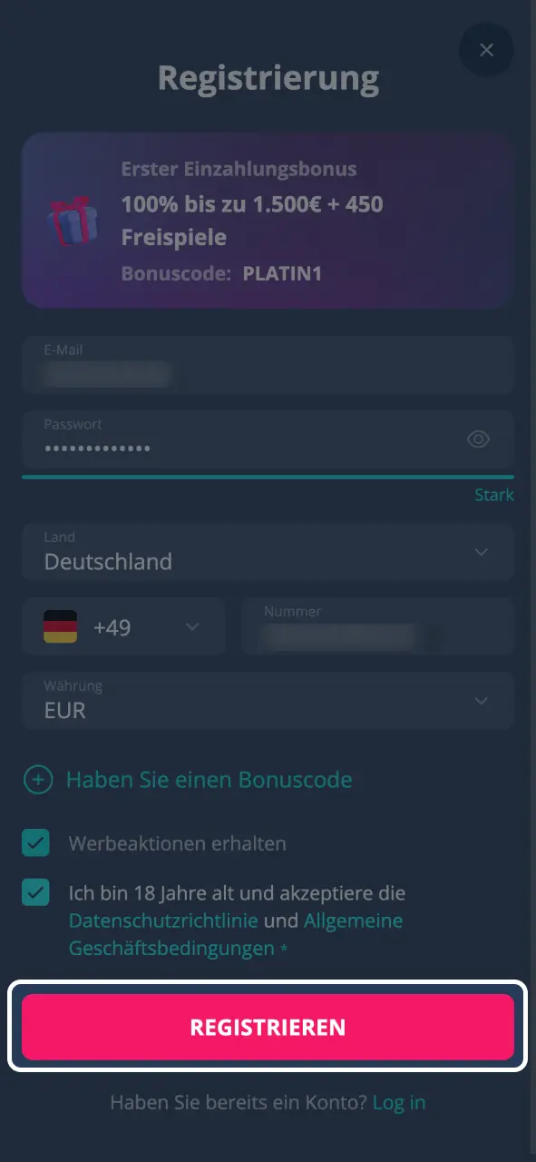 Platin Casino Registrierung bestätigen und einloggen.