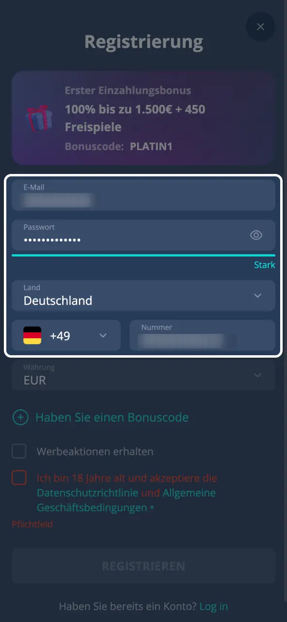 Persönliche Daten eingeben und Platin Casino Konto sichern.