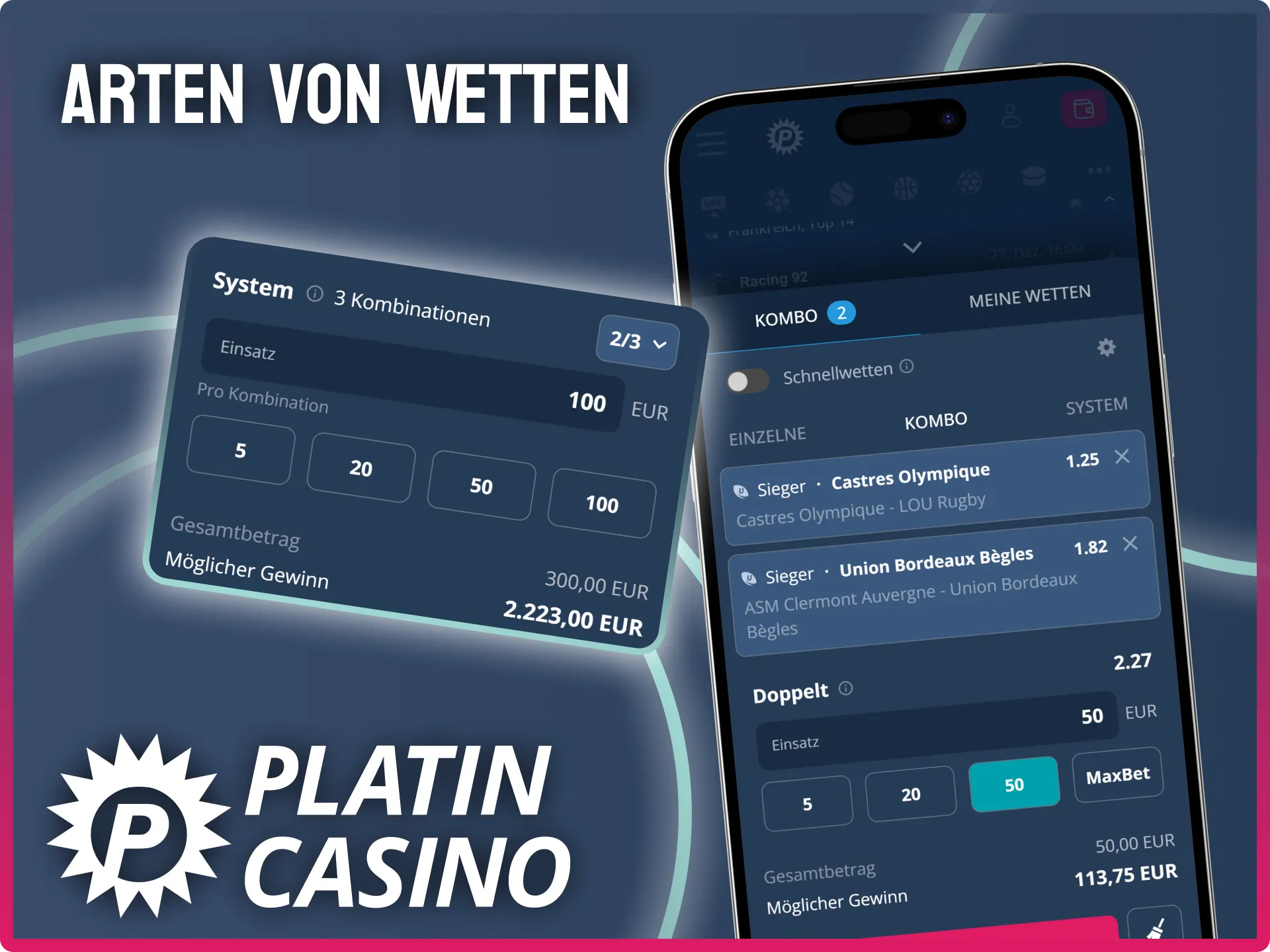 Entdecke verschiedene Arten von Wetten und gewinne groß im Platin Casino.