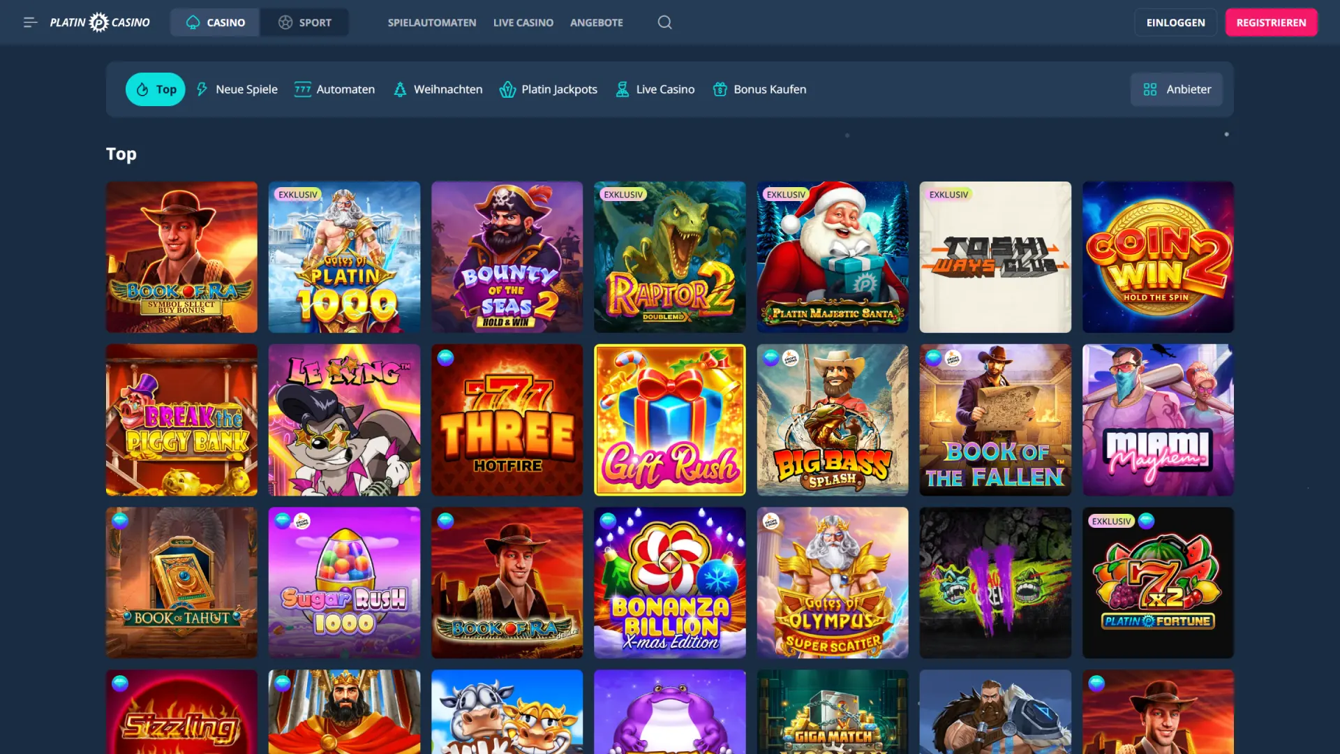 Wähle aus einer riesigen Vielfalt an spannenden Slots im Lobby-Bereich von Platin Casino.