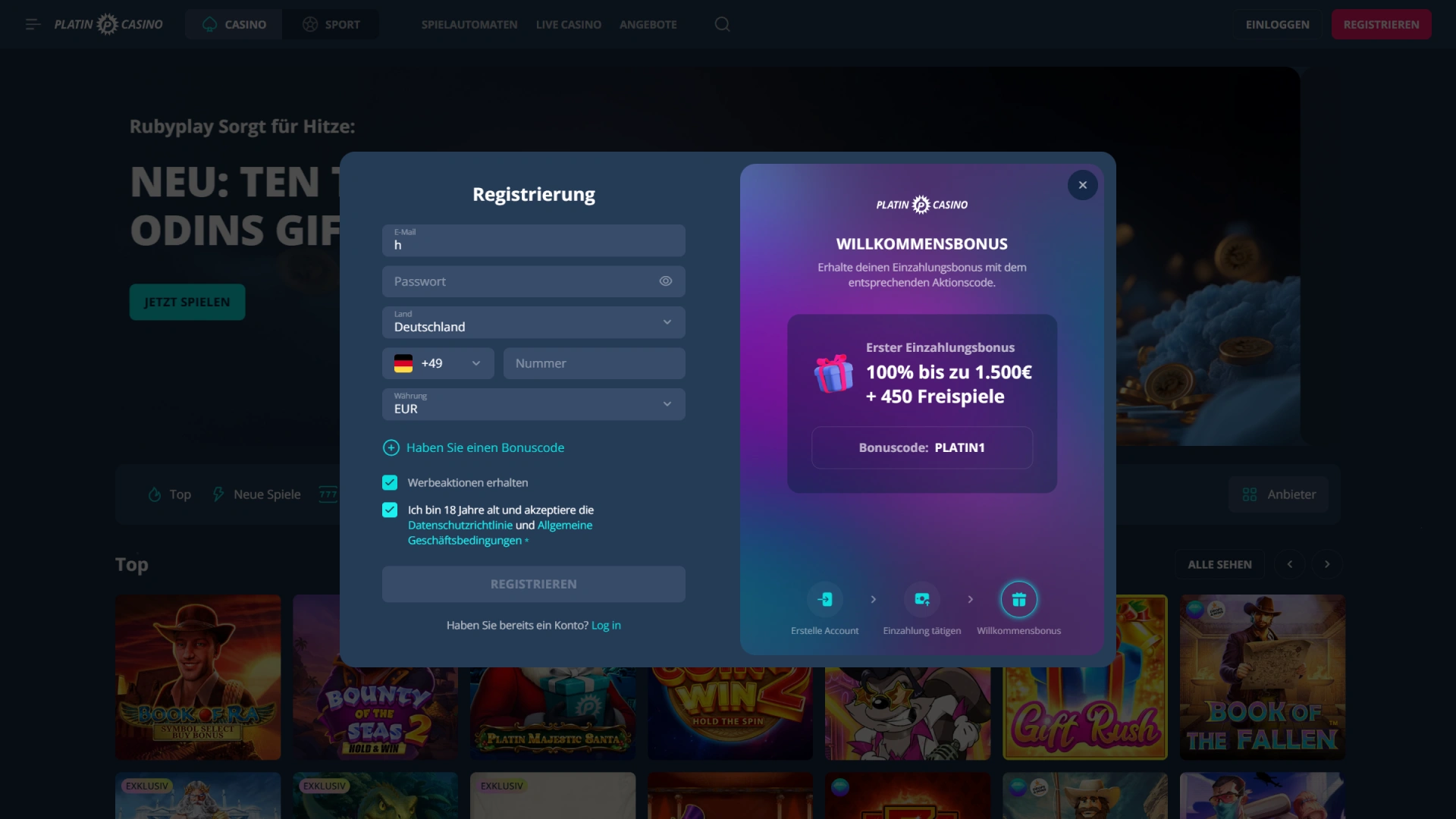 Registriere dich in wenigen einfachen Schritten und werde Mitglied im Platin Casino.