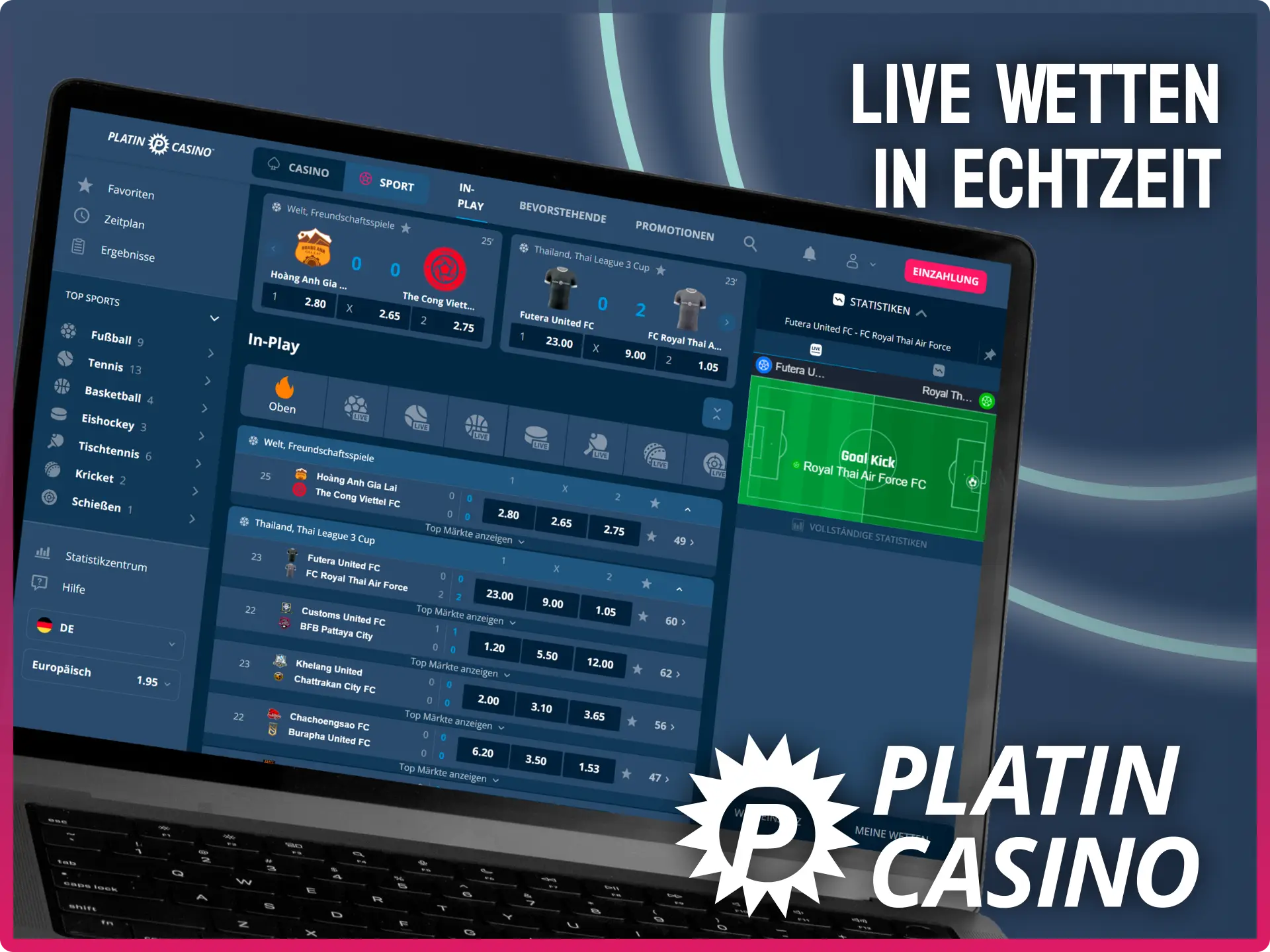 Setze auf deine Favoriten mit den spannenden Live Wetten in Echtzeit bei Platin Casino.