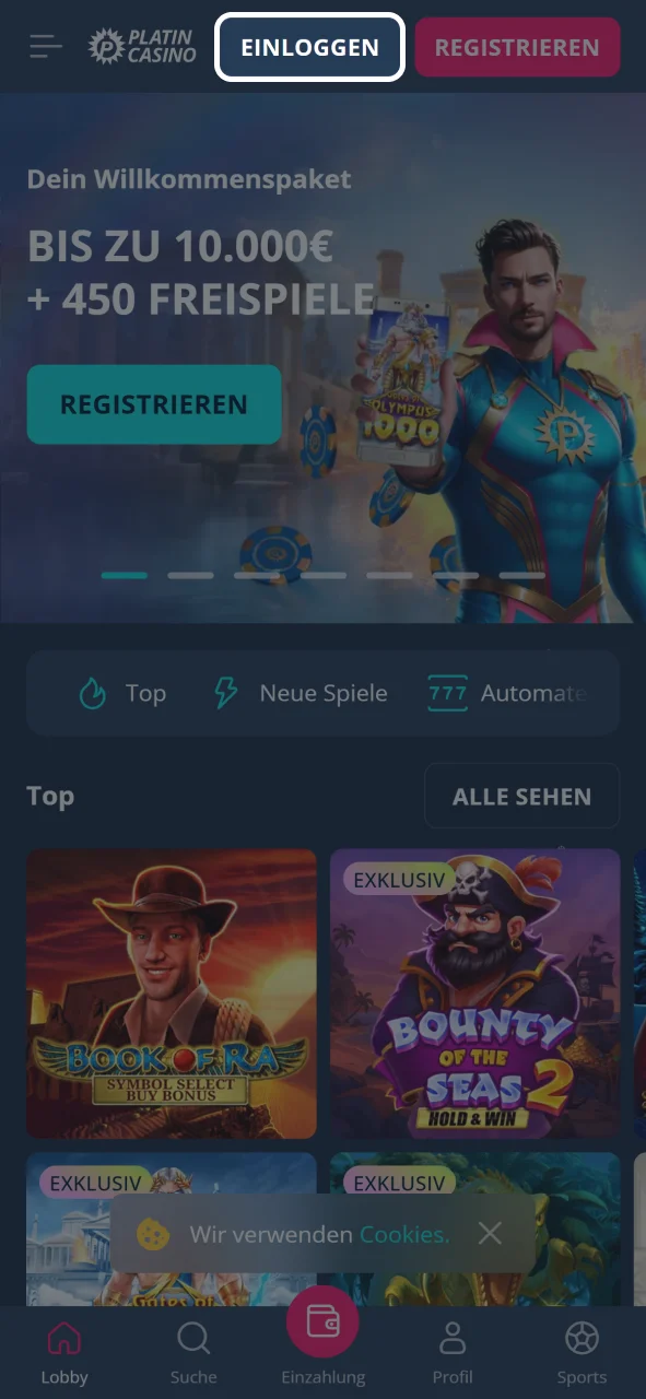 Klicke auf den Login-Button und melde dich bei Platin Casino an.