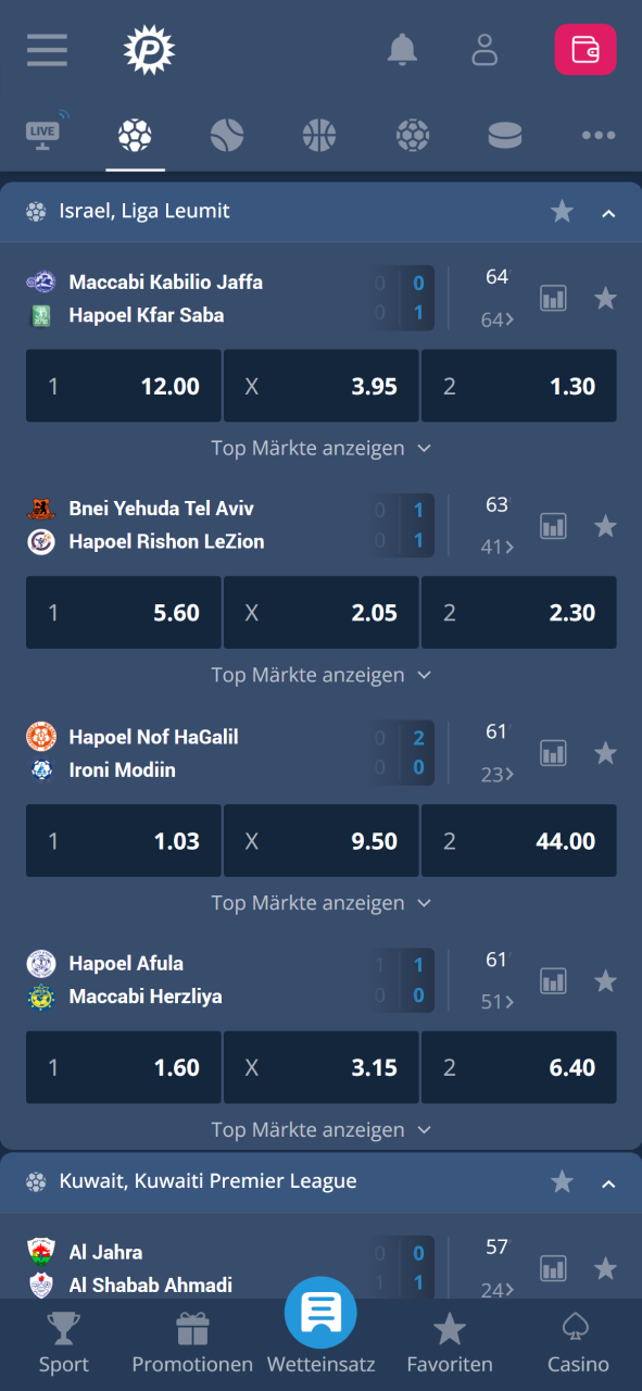 Wähle bei Platin Casino eine Sportart und das gewünschte Event aus.