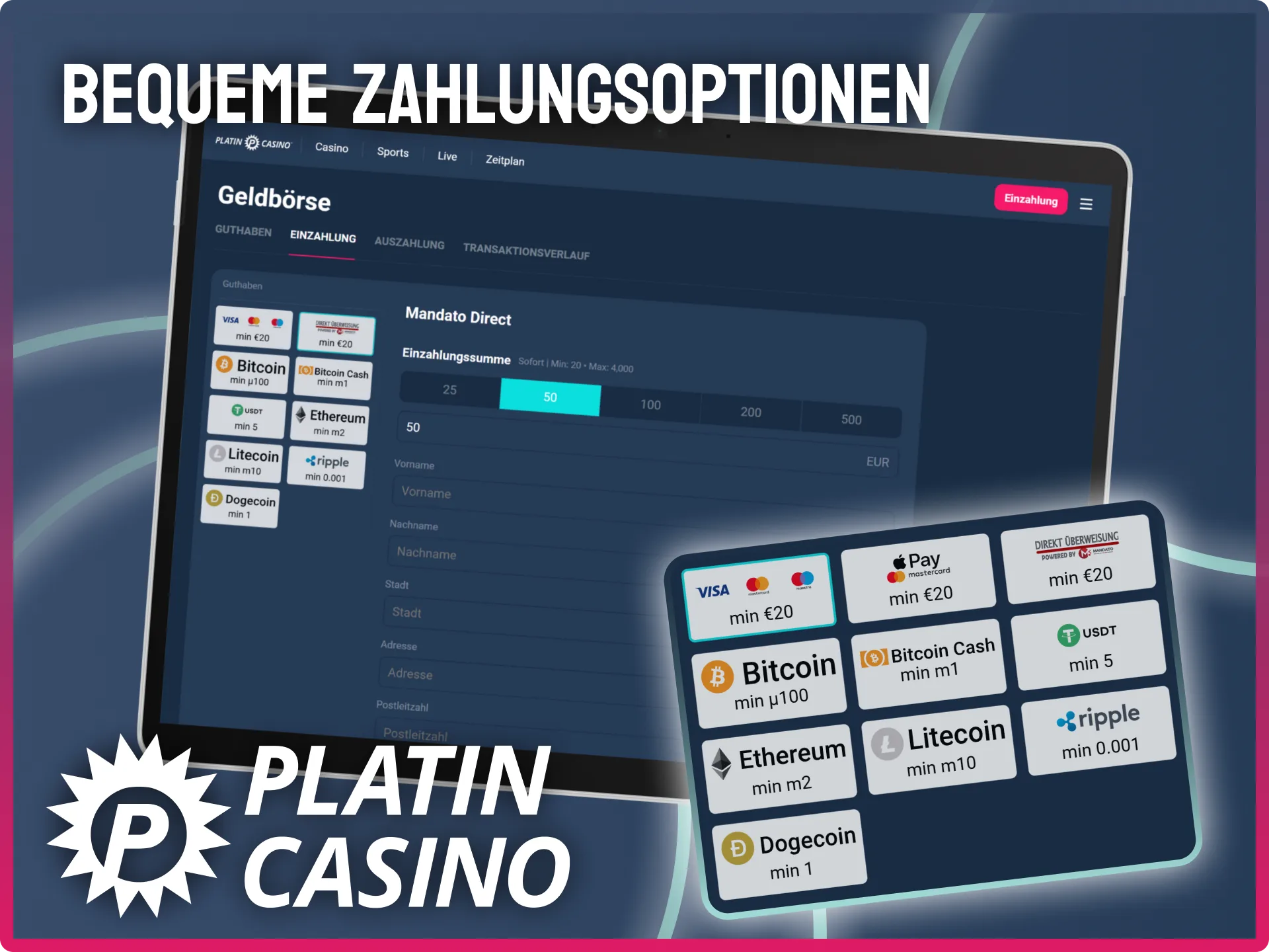 Nutze bequeme Zahlungsoptionen wie Krypto oder Kreditkarte für Einzahlungen im Platin Casino.