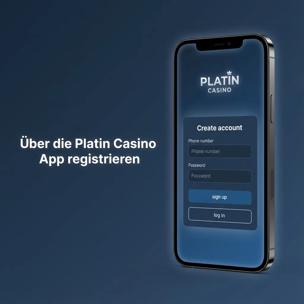 Smartphone zeigt die Platin Casino App mit geöffnetem Registrierungsformular und hervorgehobener Schaltfläche „Registrieren“