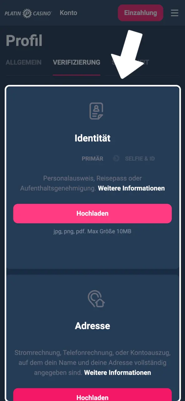 Platin Casino Dokumente hochladen und prüfen.