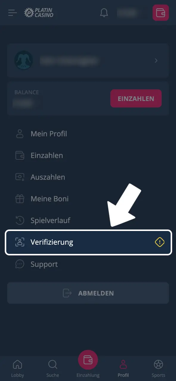 Platin Casino Verifizierungsbereich im Konto öffnen.