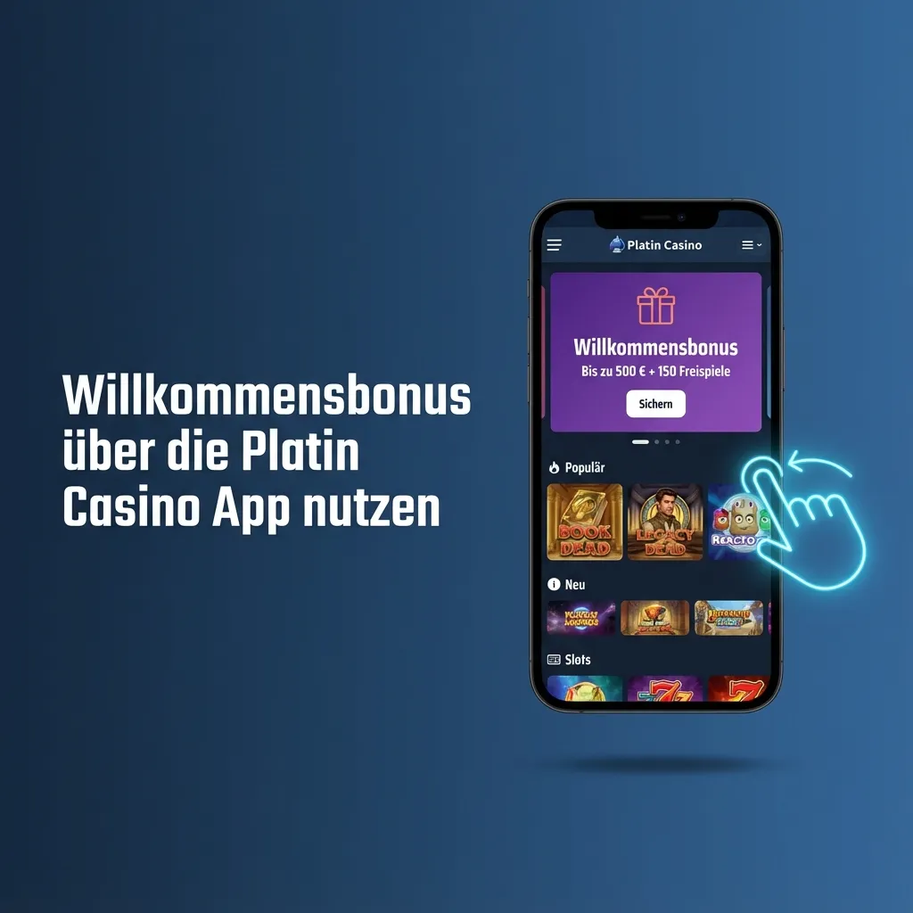 Smartphone mit geöffneter Platin Casino App, die Willkommensbonus, Registrierung und Einzahlungsschritte zeigt