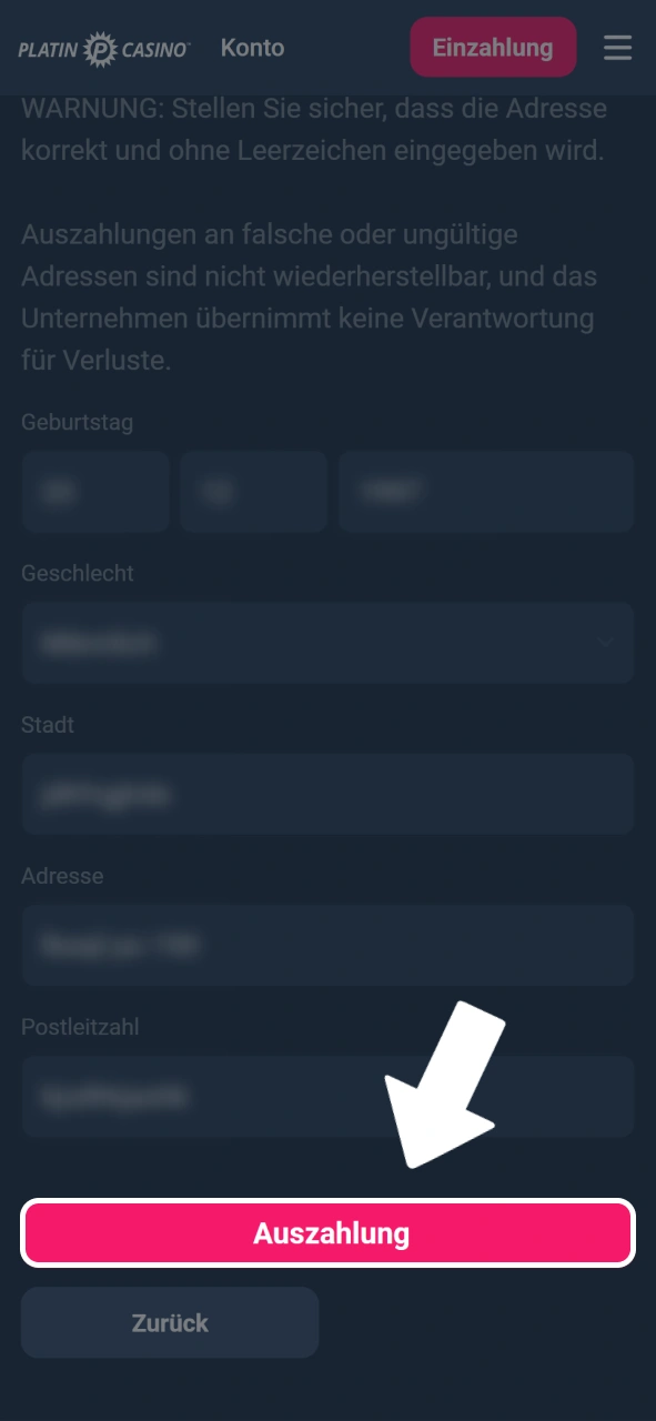 Bestätige den Vorgang mit einem Klick auf den Button Auszahlung.