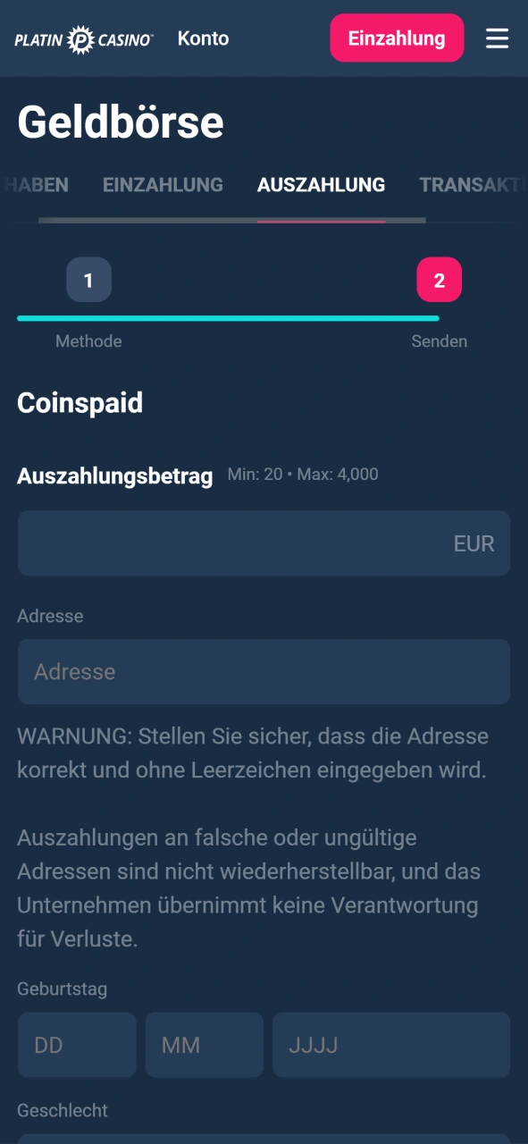 Fülle die erforderlichen Felder für deine gewählte Auszahlungsmethode aus.