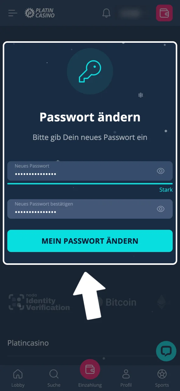 Neues sicheres Passwort bei Platin Casino festlegen.