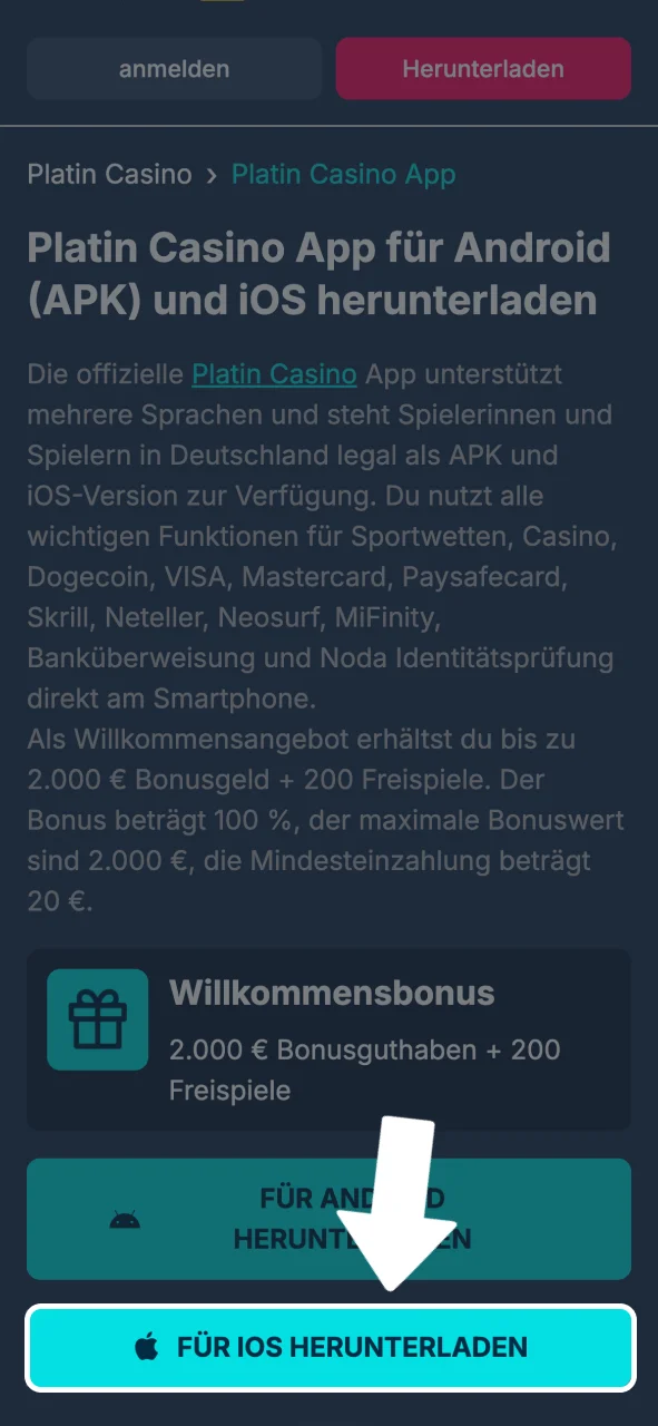 Auf den Download-Button tippen und Platin Casino iOS App herunterladen.