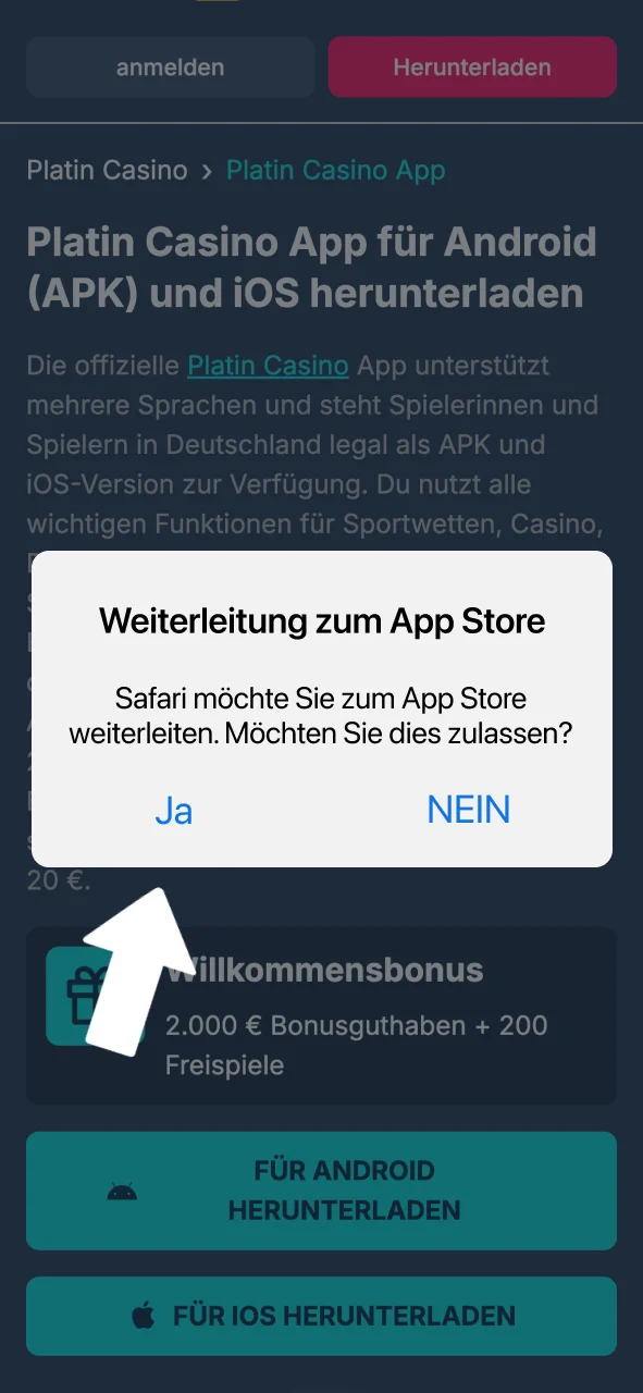 Weiterleitung akzeptieren und Platin Casino iOS App im App Store öffnen.