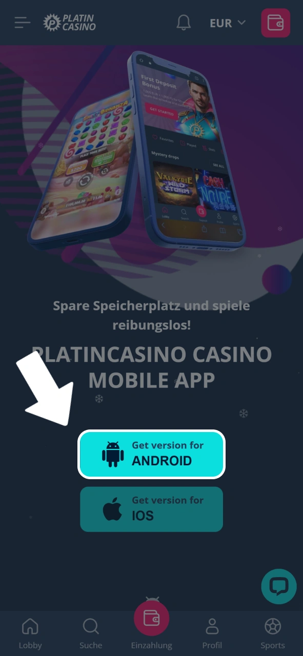 Navigiere zum App-Bereich auf der mobilen Platin Casino Webseite.