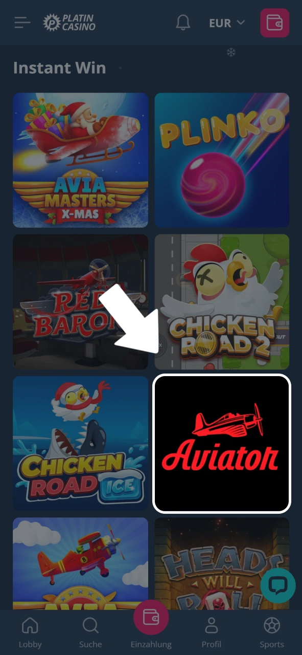 Tippe auf das rote Aviator-Logo in der Lobby, um das Spiel im Platin Casino zu starten.