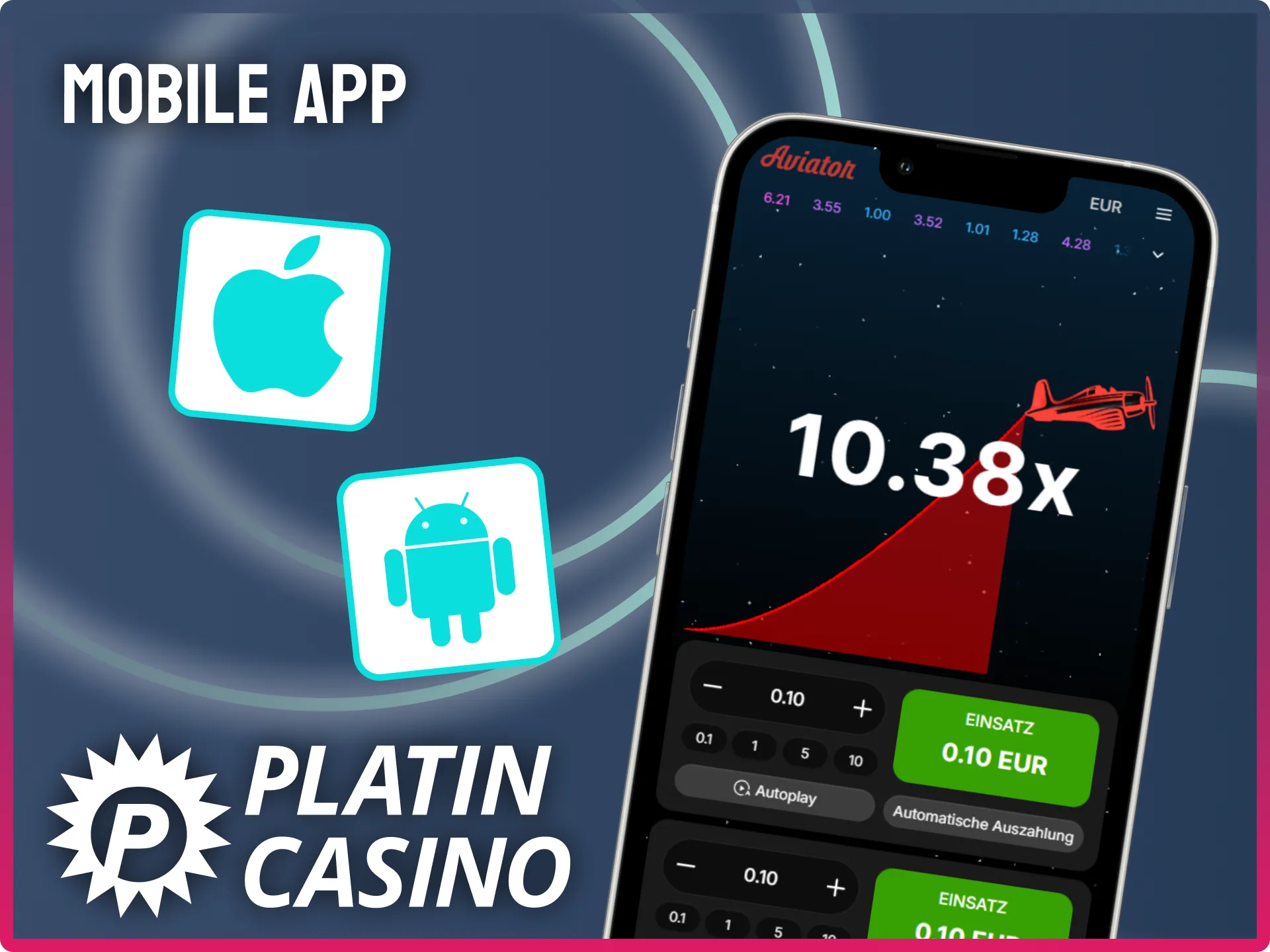 Spiele Aviator bequem von unterwegs mit der mobilen Platin Casino App.