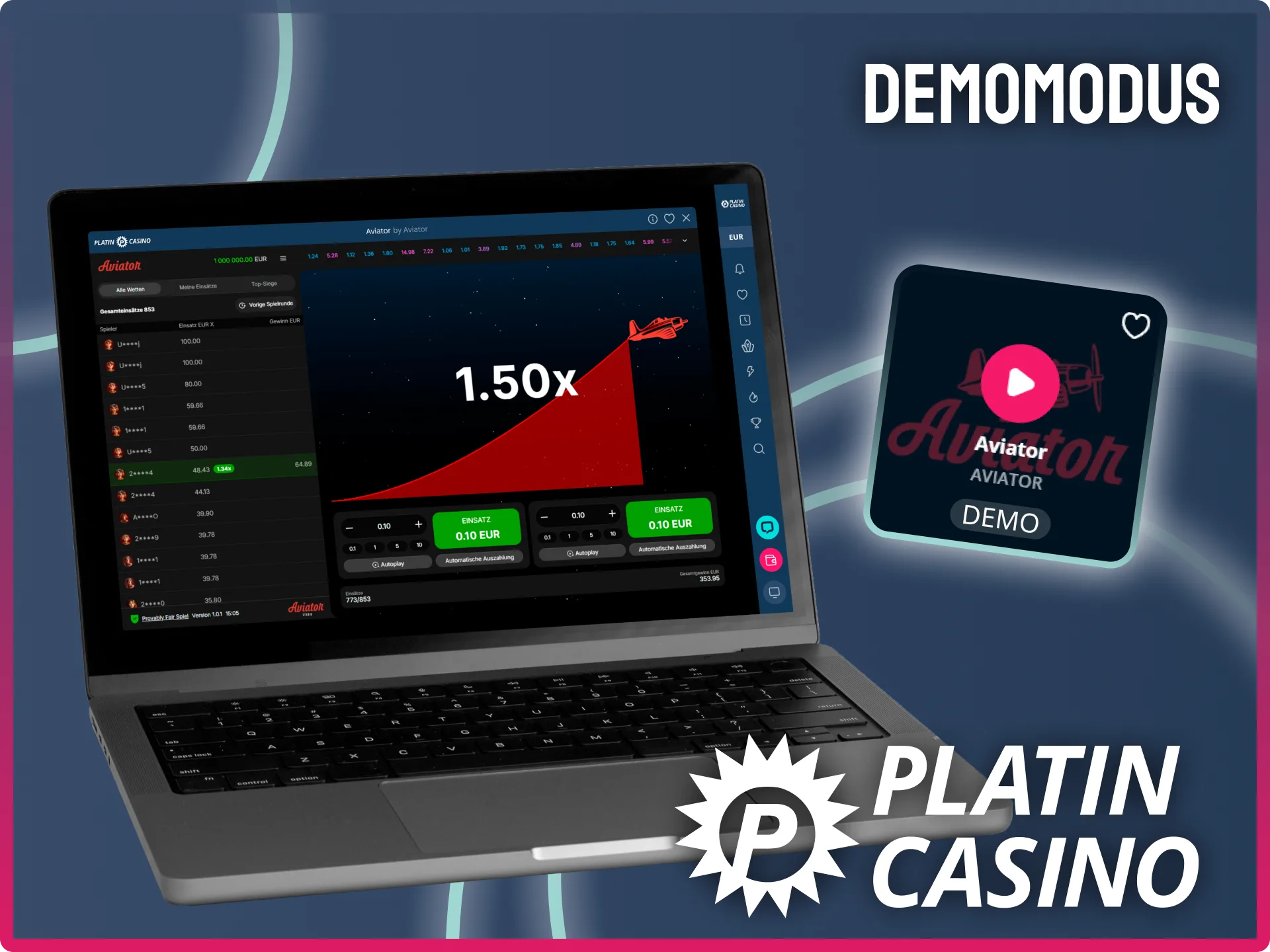 Teste das Spiel risikofrei im kostenlosen Demomodus von Aviator bei Platin Casino.