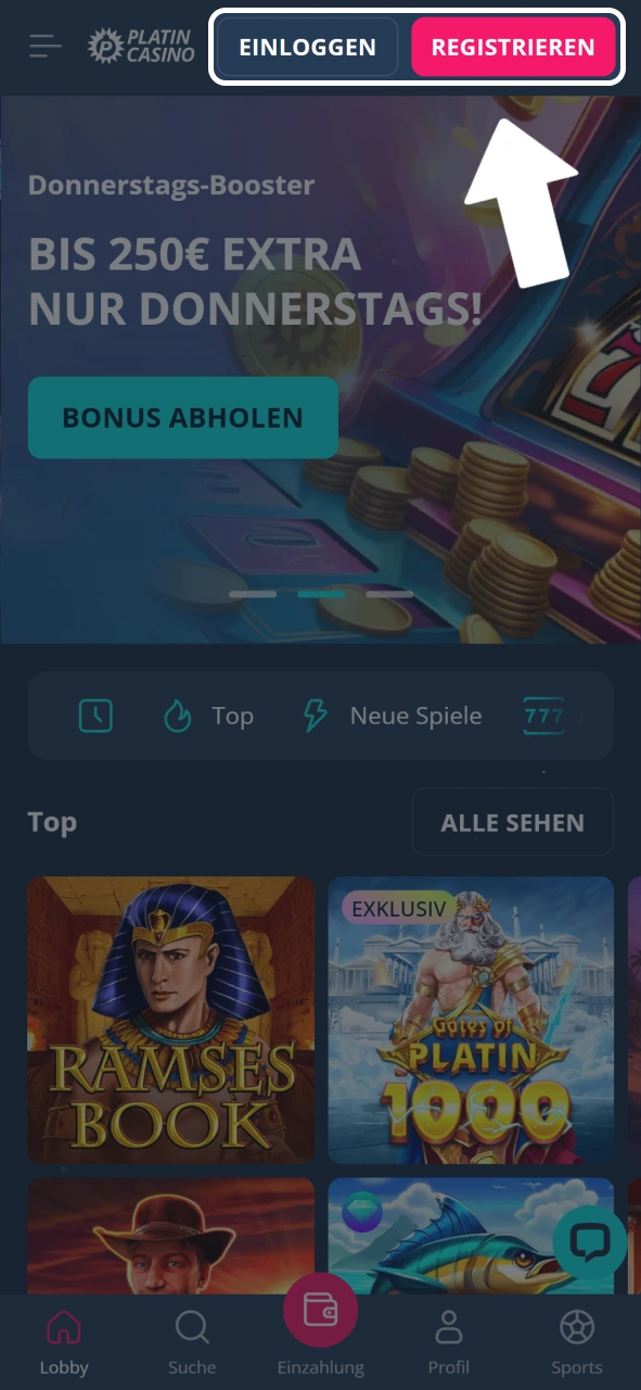 Klicke auf den Registrieren-Button auf der mobilen Webseite von Platin Casino.