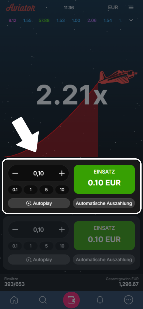 Bestimme deinen Wetteinsatz vor dem Abflug im Aviator Spiel bei Platin Casino.