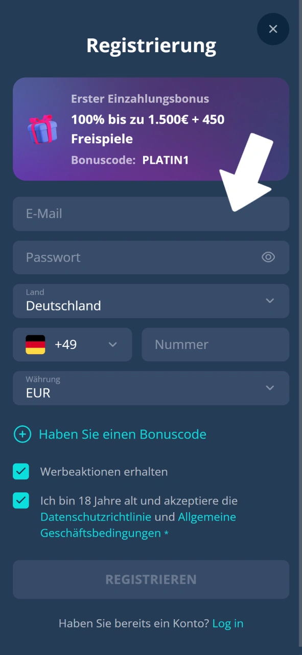Trage deine Daten ein und erstelle dein Spielerkonto für Aviator im Platin Casino.