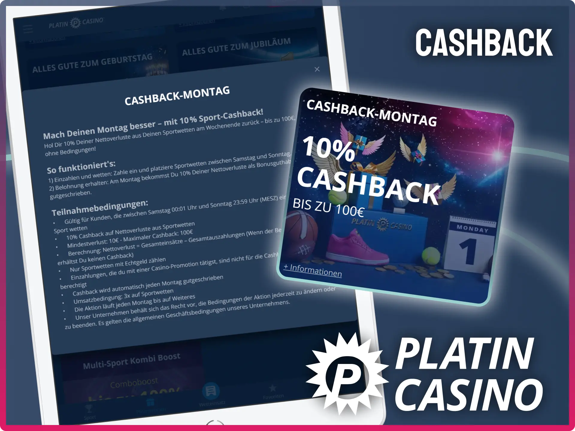 Sichere dir jeden Montag 10% Cashback auf deine Sportwetten bei Platin Casino.