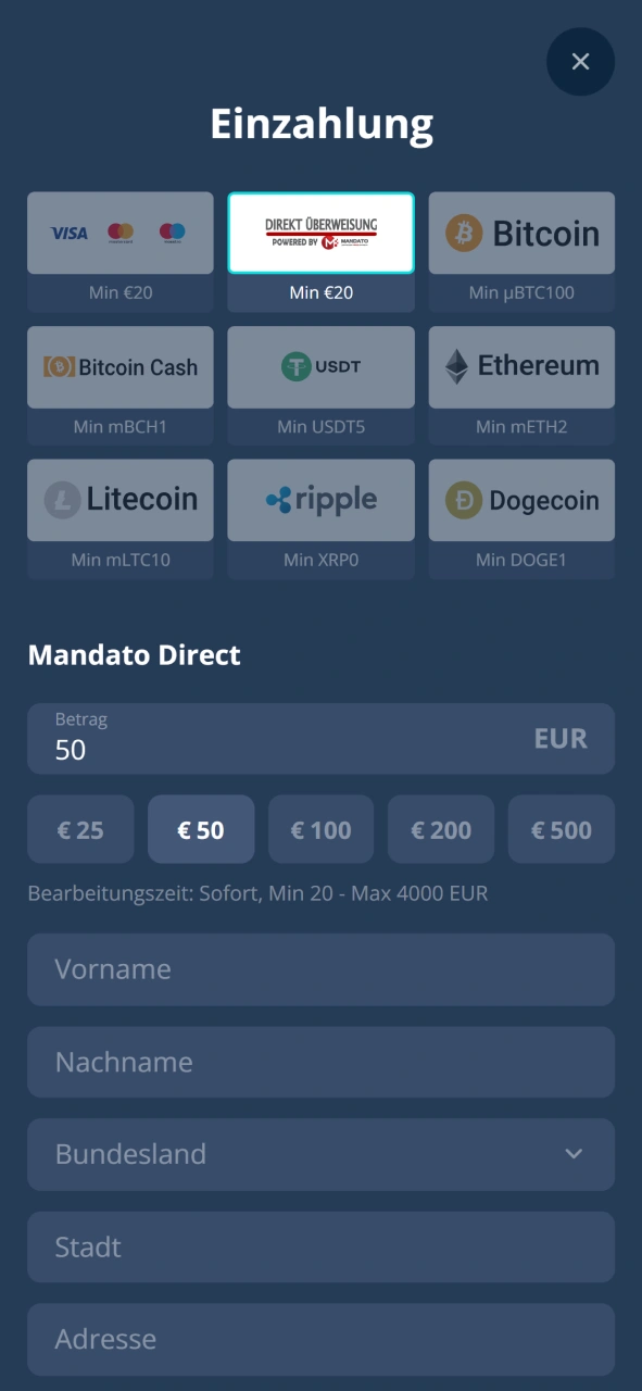 Wähle deine bevorzugte Methode und tätige eine sichere Einzahlung im Platin Casino.