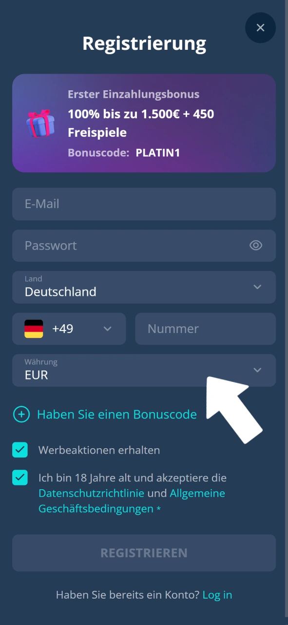 Fülle alle Felder sorgfältig aus, um dein Konto im Platin Casino erfolgreich anzulegen.