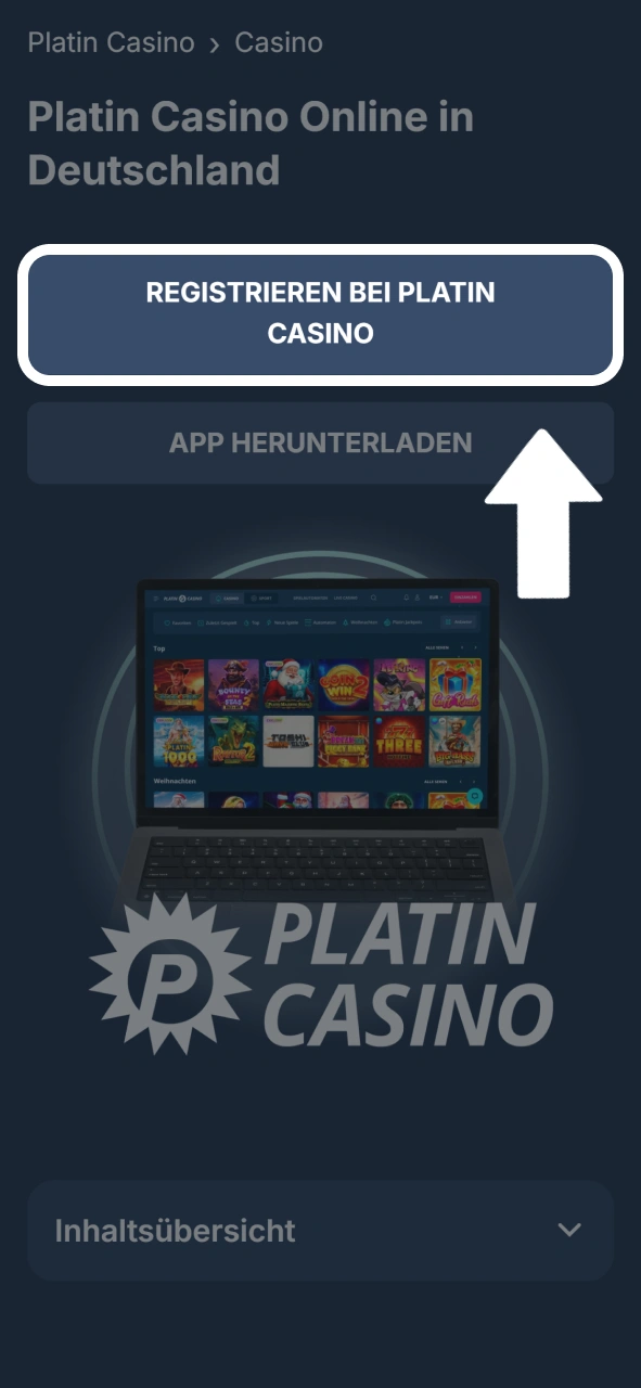 Nutze die Buttons, um dich zu registrieren oder die App von Platin Casino herunterzuladen.