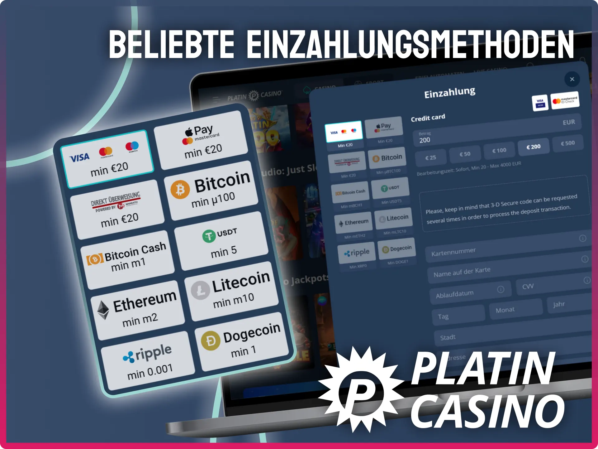 Wähle aus beliebten Einzahlungsmethoden wie Visa, Apple Pay oder Krypto im Platin Casino.
