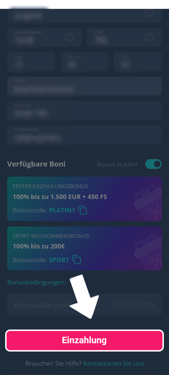 Bestätige die Transaktion mit einem Klick auf den Button Einzahlung im Platin Casino.