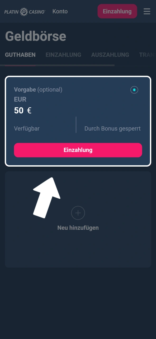 Überprüfe den Betrag im Überblick und schließe die Einzahlung bei Platin Casino ab.
