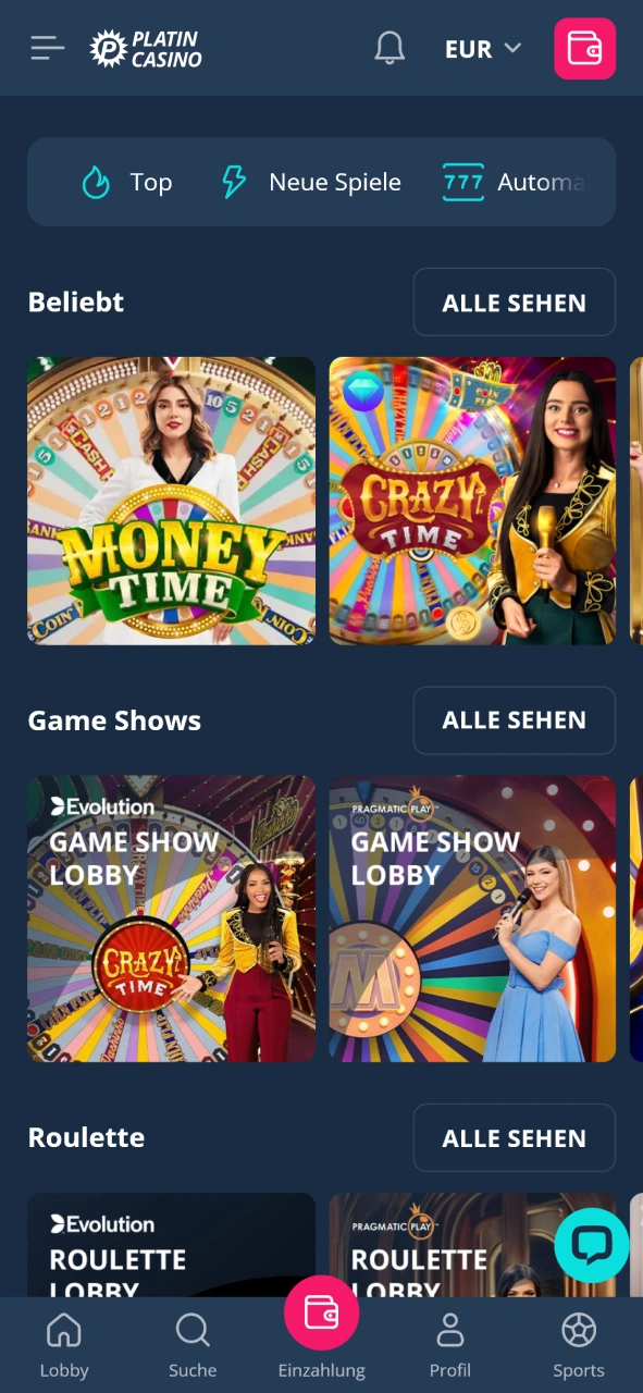 Suche dir deinen Favoriten in der Live-Lobby von Platin Casino aus.