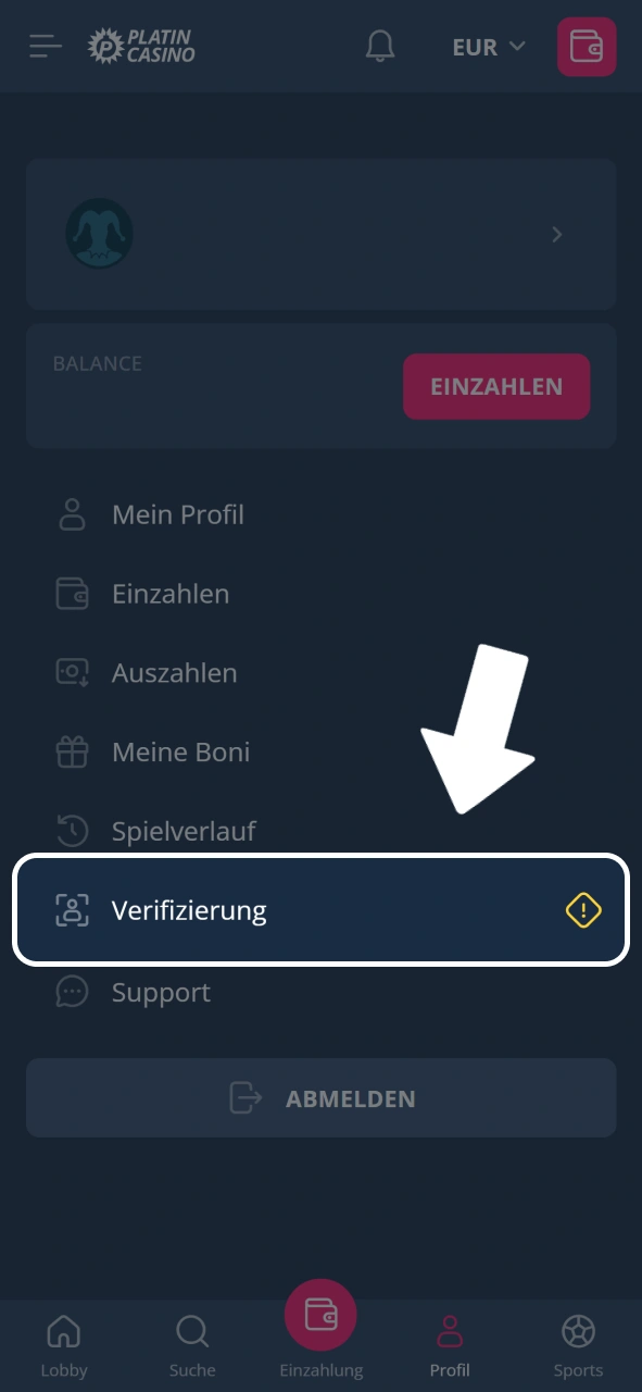 Wähle den Verifizierungs-Tab im Profilbereich von Platin Casino aus.