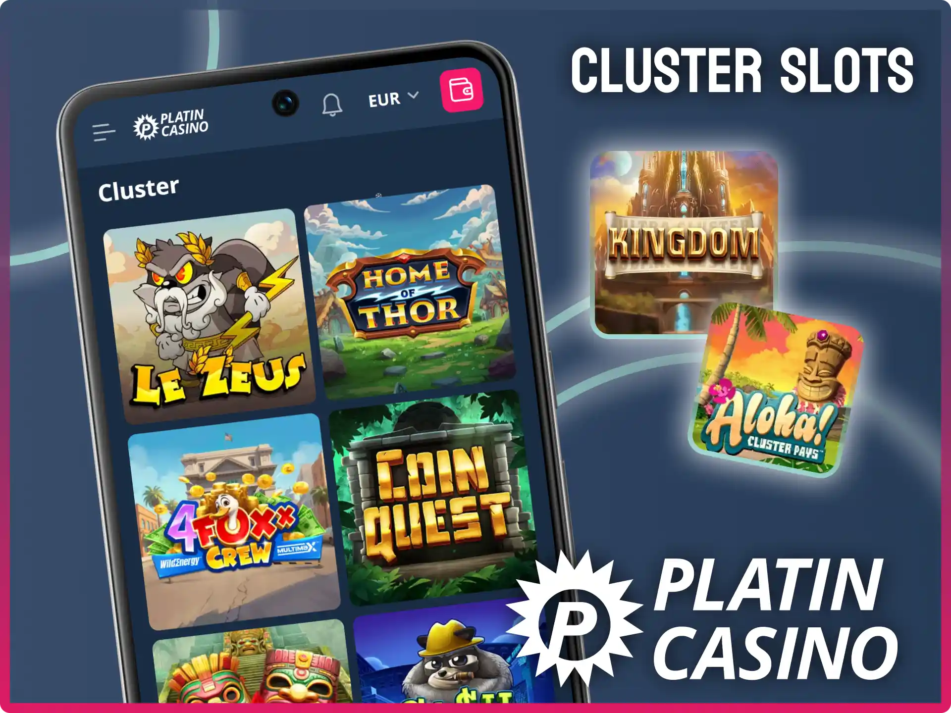 Sammle gleiche Symbole und gewinne bei den Cluster Slots im Platin Casino.