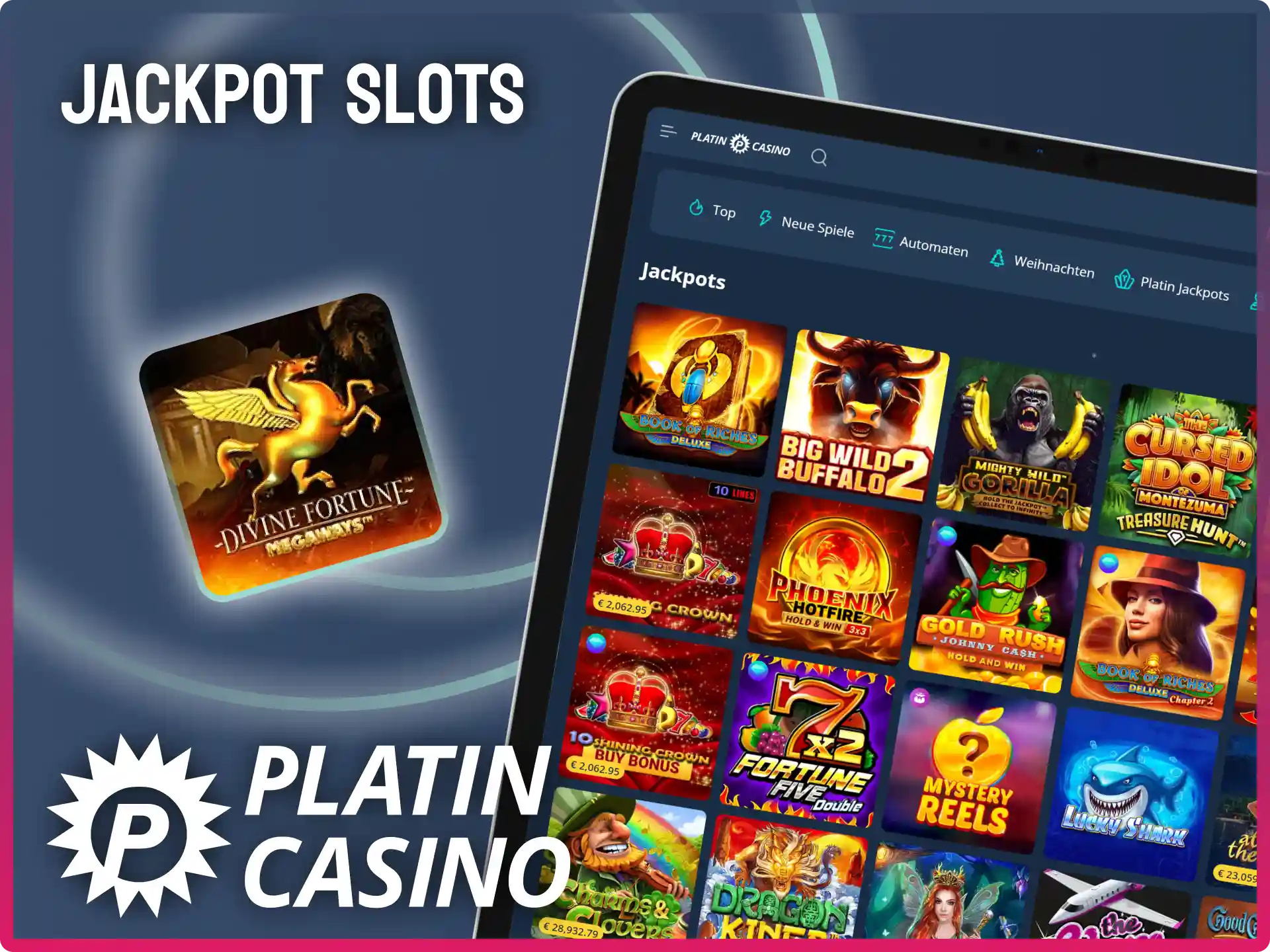 Knacke den großen Hauptgewinn an den Jackpot Slots von Platin Casino.