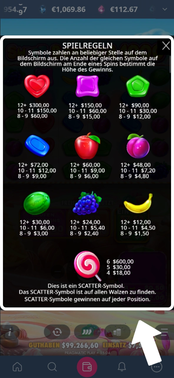 Informiere dich über die Gewinnsymbole in der Auszahlungstabelle im Platin Casino.