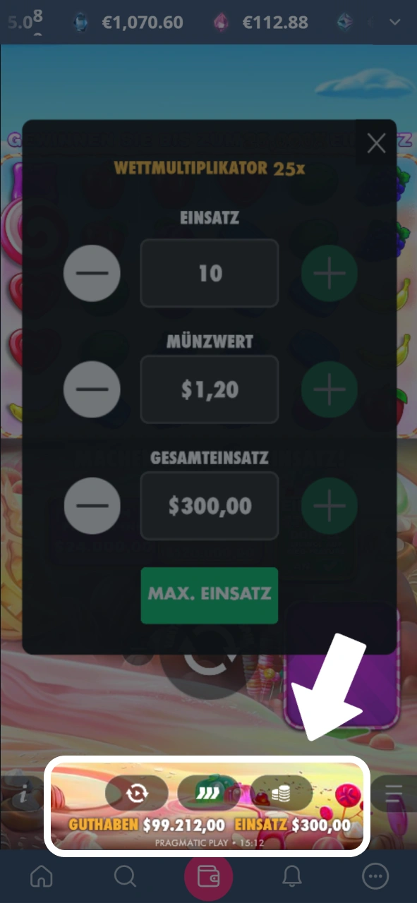 Passe deinen Einsatz vor dem Spin individuell im Platin Casino an.