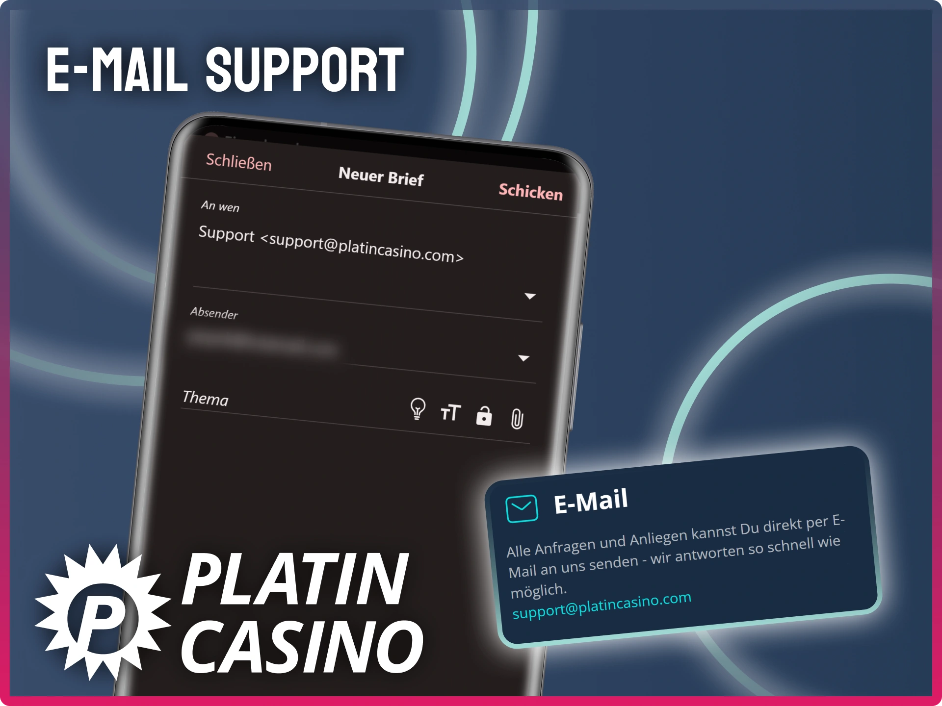 Sende eine E-Mail an den Kundenservice für ausführliche Anfragen bei Platin Casino.