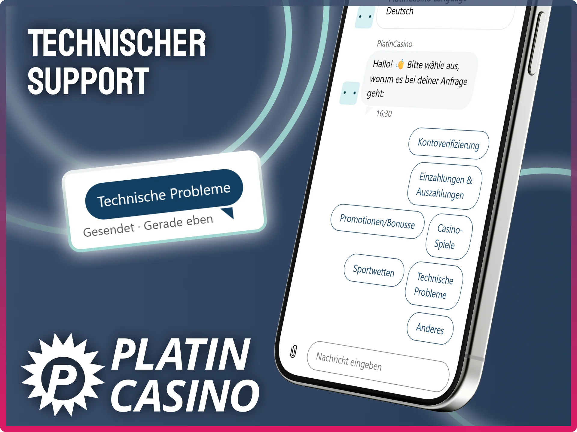 Wähle technische Probleme im Chat-Menü für spezifische Hilfe im Platin Casino.