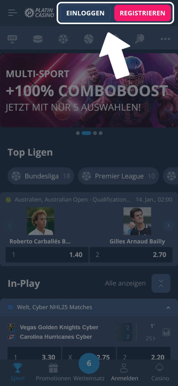 Logge dich ein oder registriere dich, um Sportwetten im Platin Casino zu starten.