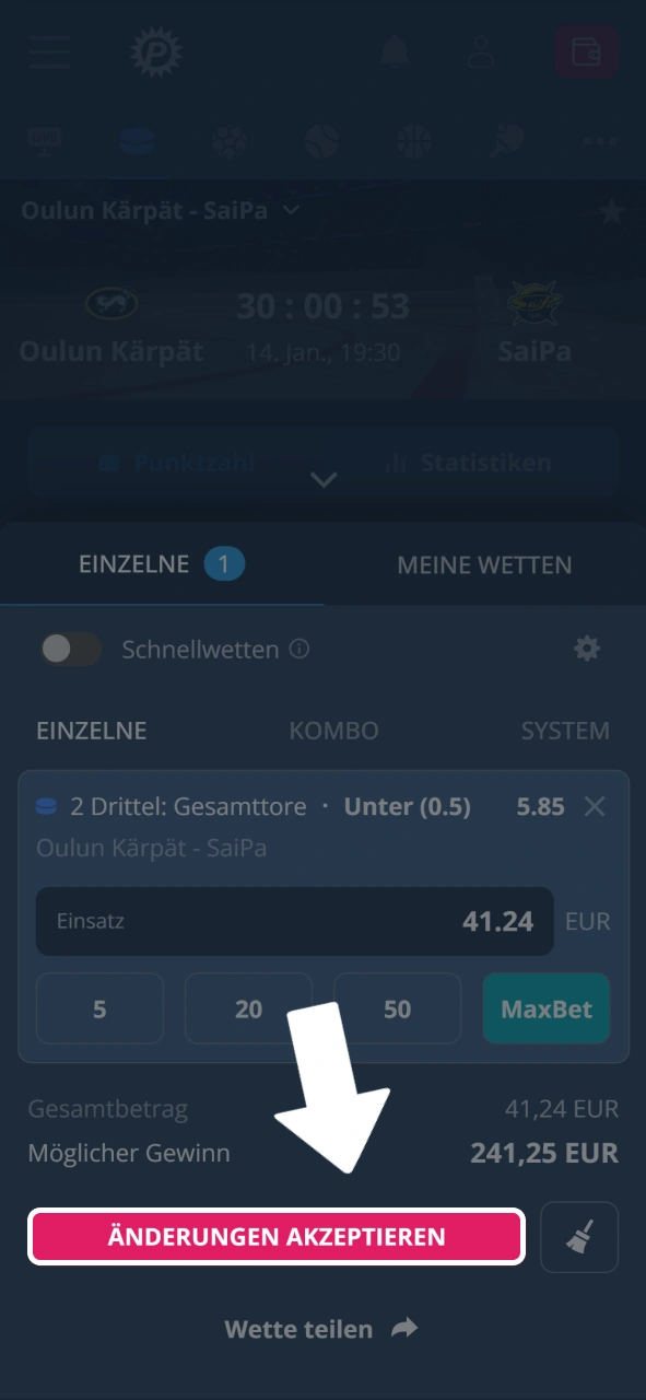 Bestätige deine Auswahl und platziere die Wette im Platin Casino.
