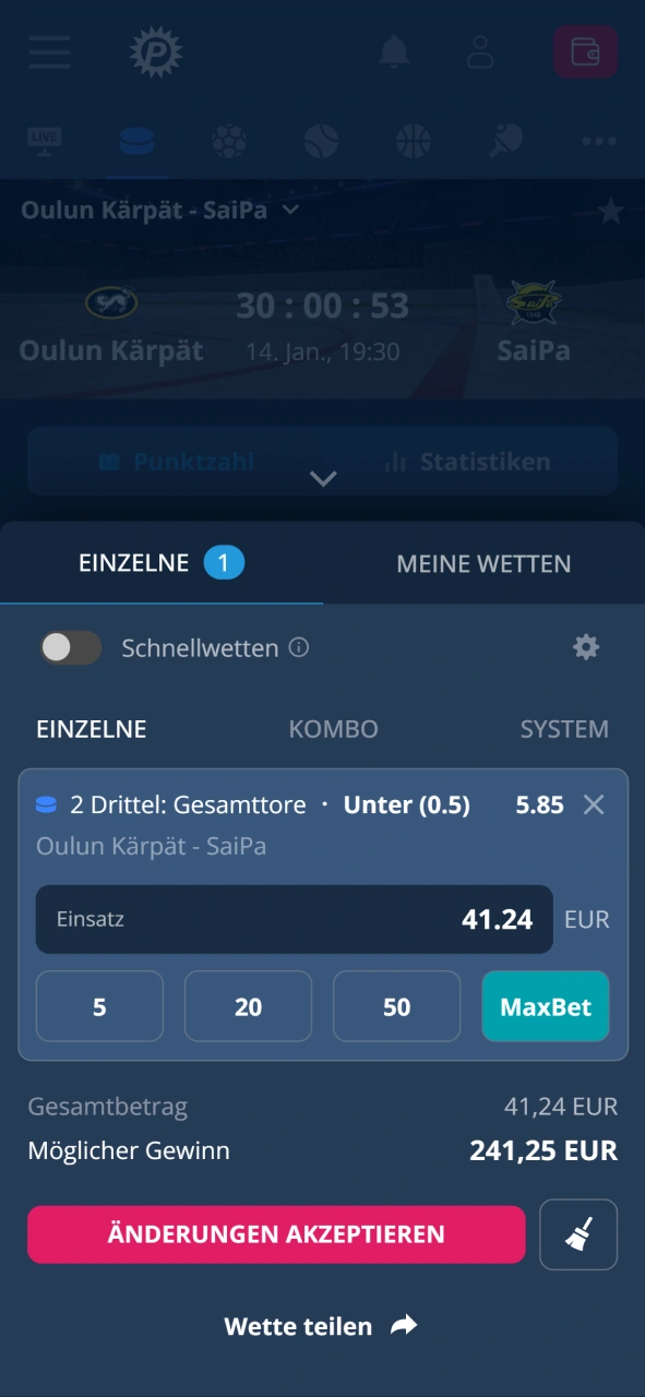 Lege deinen Einsatz im Wettschein fest und checke den möglichen Gewinn im Platin Casino.