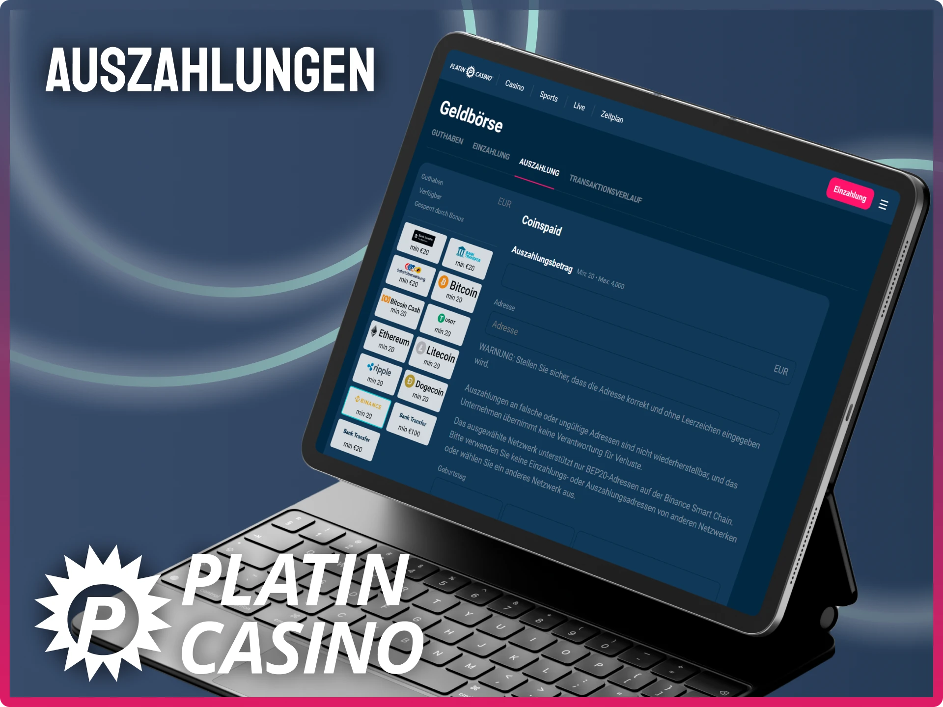 Lasse dir deine Gewinne bequem über das Auszahlungsmenü im Platin Casino auszahlen.