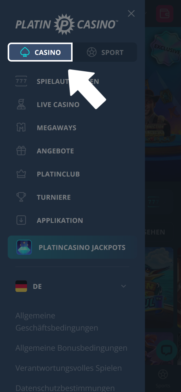 Navigiere über das Menü zum Casino-Bereich bei Platin Casino.