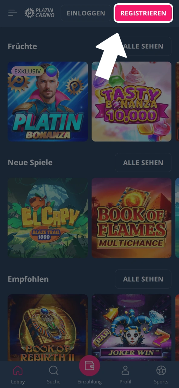 Klicke auf den Registrieren-Button, um dein Platin Casino Abenteuer zu beginnen.